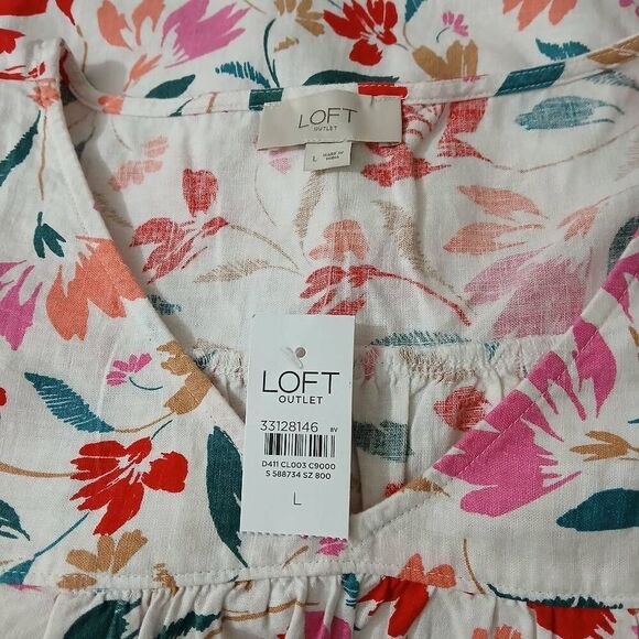 Ann Taylor womens large linen viscose red pink floral shirt flutter sleeve top - Picture 5 of 8